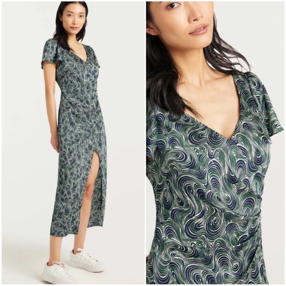 Cinq A Sept Kacydie Dress Abstract Slit Midi Blue Green Womens Size‎ 0 NEW - Picture 1 of 16